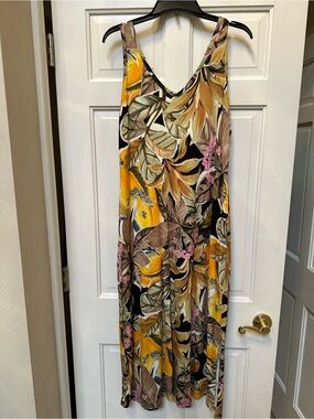Karen Kane Tropical Leaf Maxi Dress in Yellow, Brown and Pink